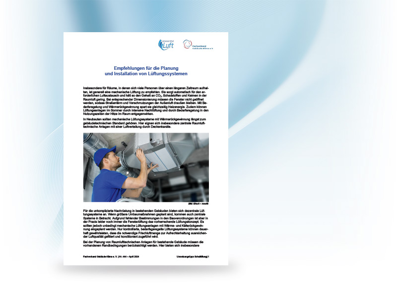 Vorschaubild der Broschüre für Empfehlungen für die Planung und Installation von Lüftungssystemen